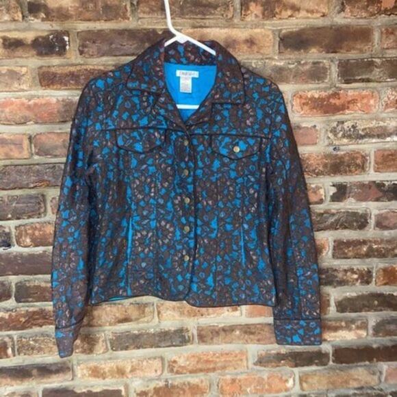 Fiona Woof Metallic Brown Blue Lace Blazer Jacket Women's Size 6 - Picture 1 of 9